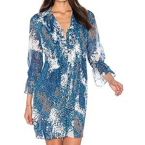 Diane Von Furstenberg Blue and White Printed V-Neck Shift Dress